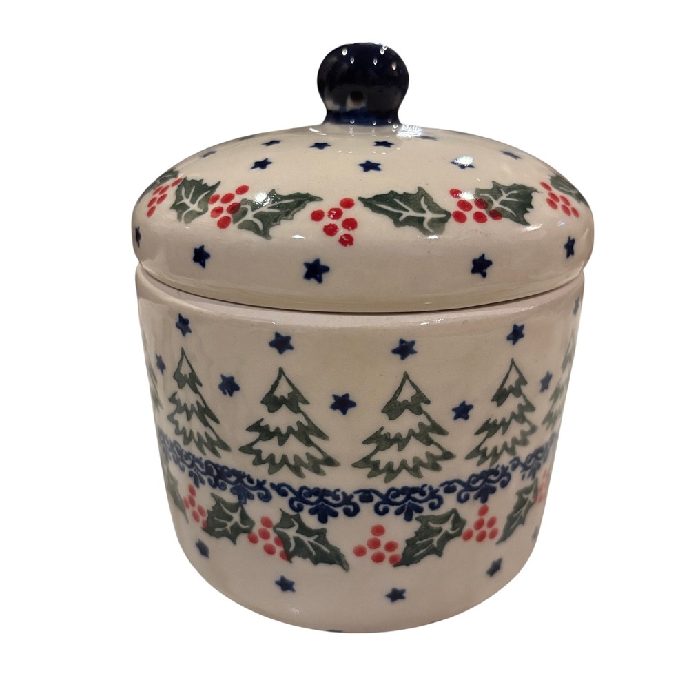 Wiza 56 Hand Painted Polish Pottery Christmas Tree Holly Stars Lidded Jar